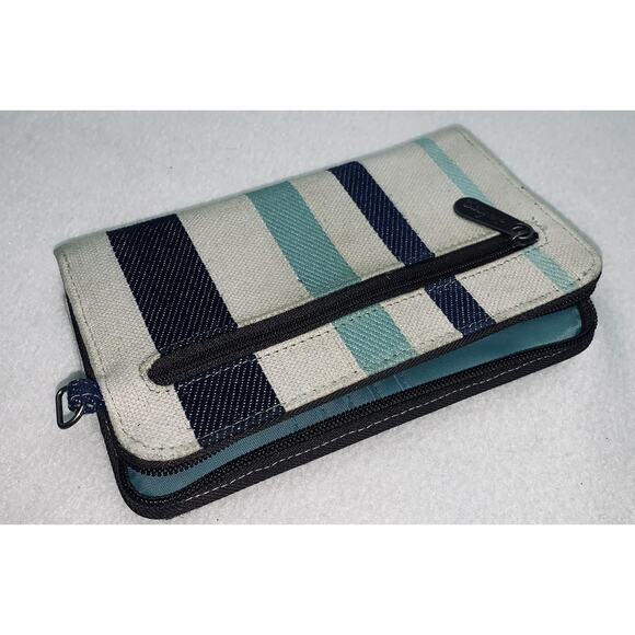 Thirty-One 31 Wallet Three Zipper Blues Denim-look Stripes Canvas Twill READ - Picture 2 of 10